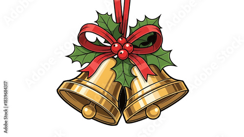 Two golden Christmas bells with holly and red ribbon, a symbol of the holiday spirit. The bells are depicted with a realistic golden texture and detail