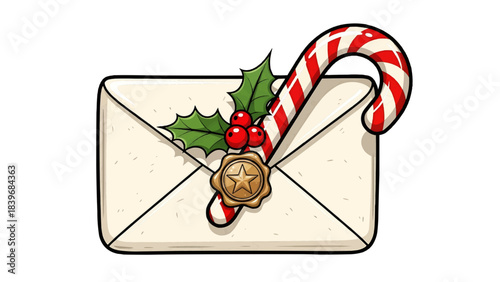 A festive Christmas letter decorated with candy cane and holly berry