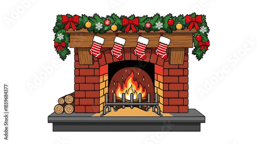 A Cozy Fireplace with Christmas Decorations: A warm and inviting fireplace adorned with festive decorations like stockings, garlands and ribbons, and a roaring fire, perfect for the holiday season.