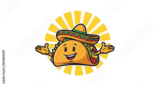 Charming taco character in sombrero with cheerful expression against radiant backdrop