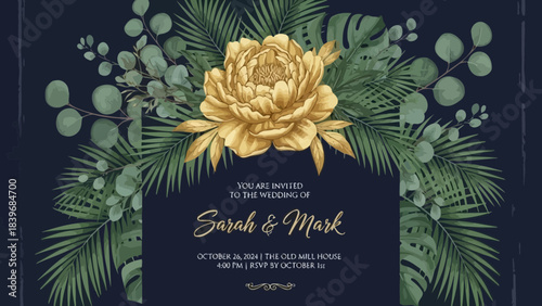 Elegant floral wedding invitation with golden flower and tropical foliage design