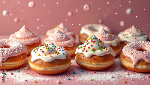 Delicious donuts with pink frosting on pastel pink background
