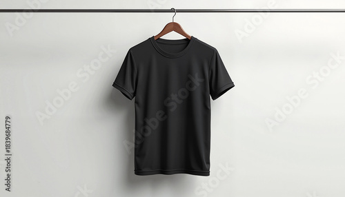 Black t-shirt hanging on a hanger against a white background
