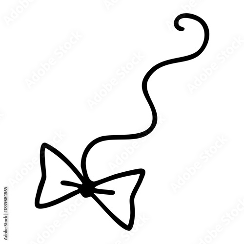 Cat toy ribbon bow on string outline. Hand drawn vector isolated illustration.