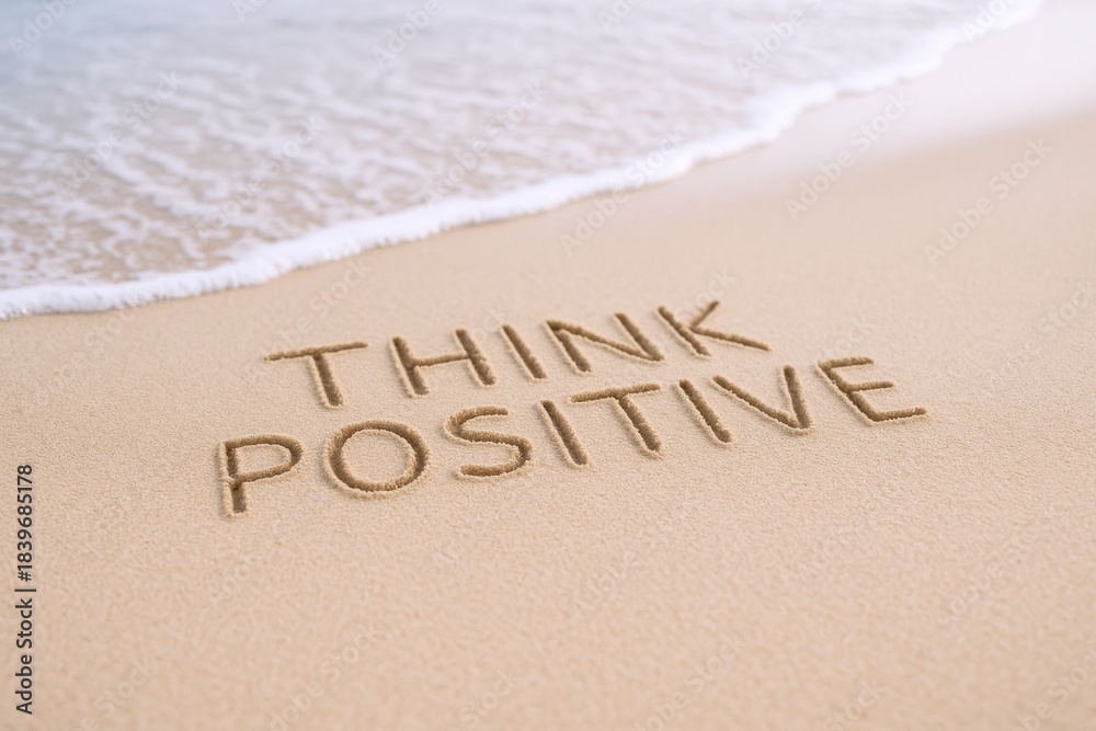 Fototapeta premium Think positive message written in sand with ocean wave approaching for inspirational concept