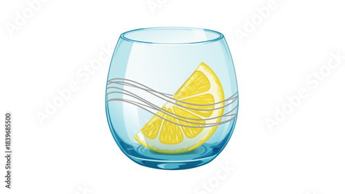 Clear Glass Cup Filled With Water And A Slice Of Yellow Lemon Inside With Swirl Design On The Outside And Light Reflection Isolated On Black Background