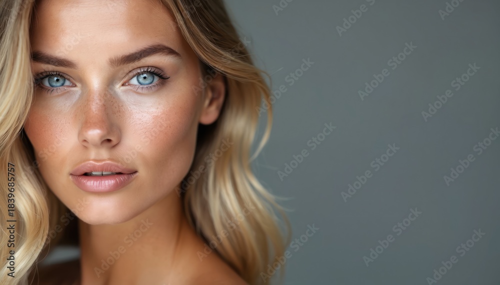 Obraz premium Woman with blonde hair, blue eyes looks at camera. Natural clean skin with light freckles. Soft studio lighting highlights facial features. She has perfect lips, eyebrows. Blonde hair frames her face.