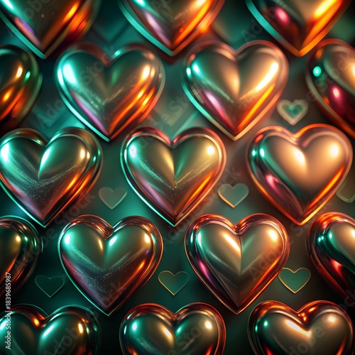 A seamless abstract 3D pattern with 3D metallic hearts in turquoise and copper. Concepts for love, romance, Valentine's Day, wedding design, and packaging.