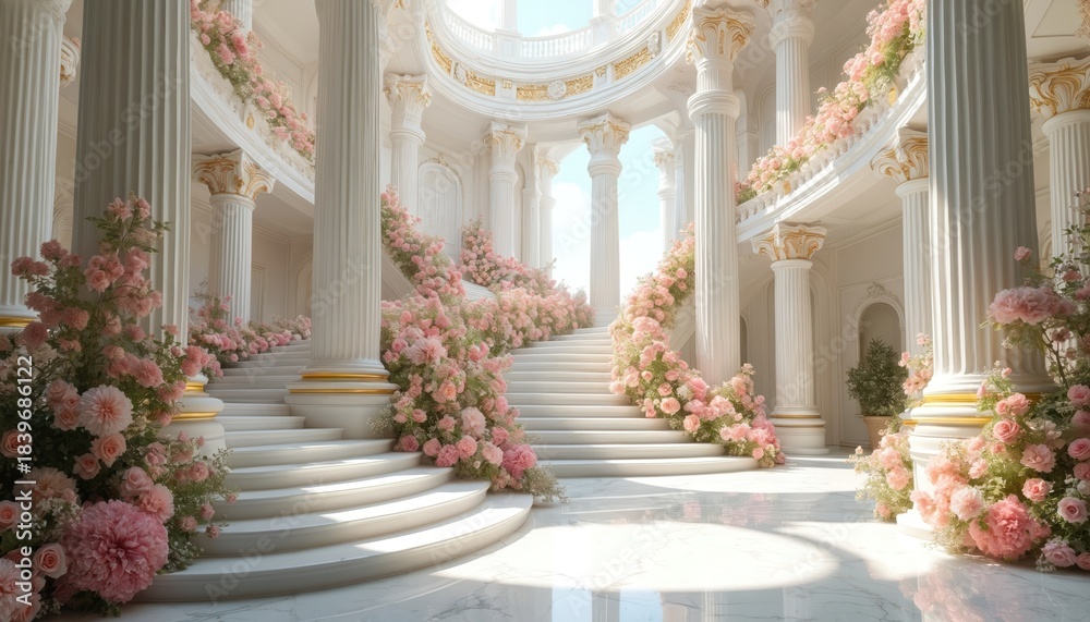Naklejka premium Opulent marble staircase adorned with pink floral garlands. Classic palace hall features elegant columns, arches. Dreamy interior evokes luxury, magic, fairy tale themes. AI generated interior design