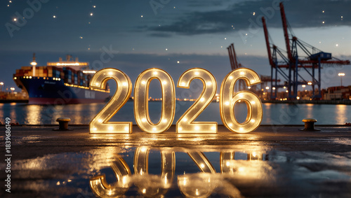 Glowing 2026 sign by harbor with cargo ship and cranes at night.