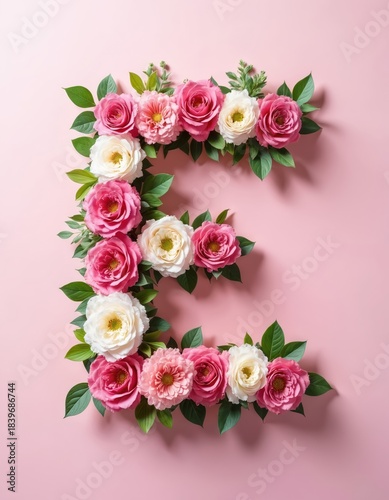 Elegant letter E constructed from fresh pink, white roses. Romantic floral arrangement on soft pastel background. Ideal for wedding invitations greeting cards branding projects. Beautiful, delicate