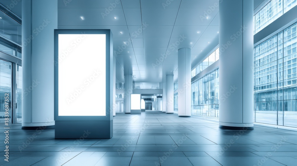 Naklejka premium Modern Interior Space with Blank Billboard for Advertising, Commercial Design, or Informational Display in Business Lobby