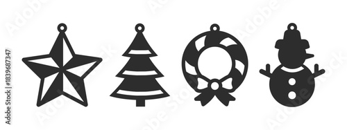 Christmas designs with star, fir tree, wreath and snowman shapes for earrings. Hanging jewelry cutting template. Laser cut with leather, wood or metal. New Years vector stencils for pendant, keychain