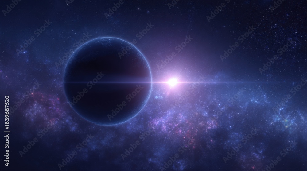Fototapeta premium Dramatic Space Scene with a Dark Planet, Nebula, and a Bright Star Bursting with Energy