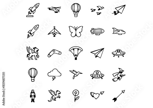 Aviation & Movement Vector Icons: 25 Unique Flying Symbols, Monochrome Flight Icons: Air Travel, Birds, and Airborne Elements, Vector Icon Set: Above Ground, Aerial, and Winged Creatures