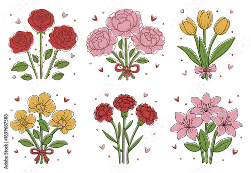 Colorful flower bouquets with black contours. Vector set with lilies, peonies, tulips, orchids, roses and carnations. Buds with leaves, cliparts with boho colors