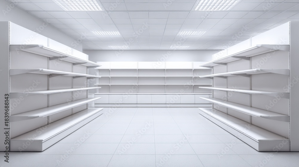 Obraz premium Empty White Retail Space with Shelves, Perfect for Product Mockups and Store Design Visualizations