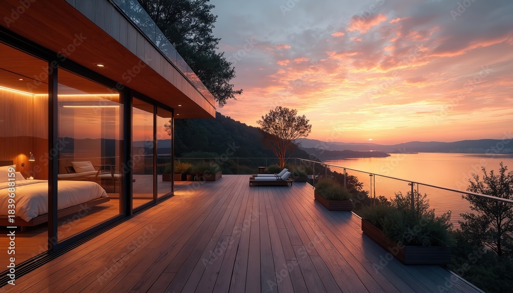 Obraz premium Luxurious penthouse terrace sunset view over lake. Modern architecture balcony with deck furniture. Interior design bedroom with panoramic window. Evening sky reflecting in water. Beautiful vacation