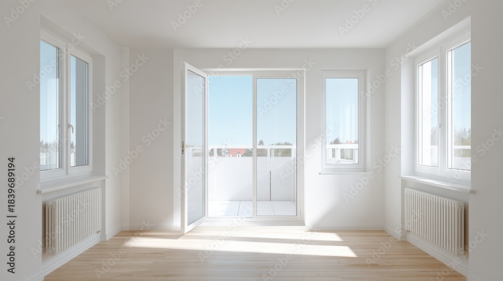 Fototapeta premium Bright Empty Room with Balcony and Natural Light, Modern Interior Design with Wood Floors