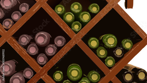 Close up of assorted wine bottles stored in a wooden wine rack with rows of dark purple and green bottles against a dark background showcasing a rich vintage collection