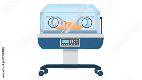 Close up of newborn baby in a clear plastic incubator with digital monitoring equipment on a blue stand with wheels on a black background realistic illustration