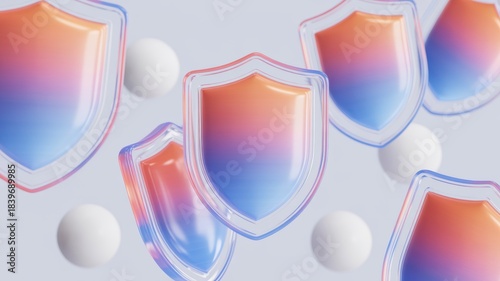 Futuristic gradient shield icons on soft background abstract 3D protection concept for cybersecurity privacy antivirus branding