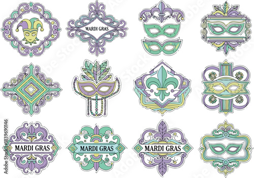 Mardi Gras Icons Vintage Fleur de Lis & Masquerade Masks Set