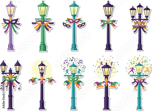 Mardi Gras Celebration Festively Decorated Lamp Posts Vector Art