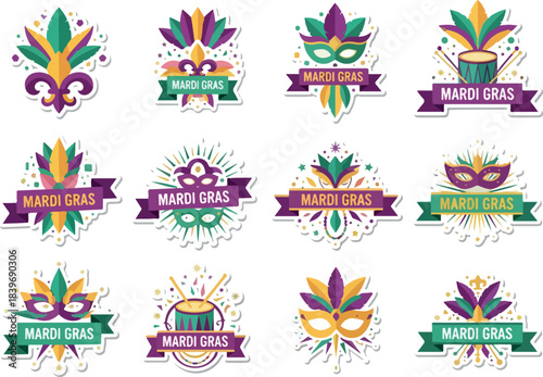 Colorful Mardi Gras Sticker Set Design Festive Celebration Elements
