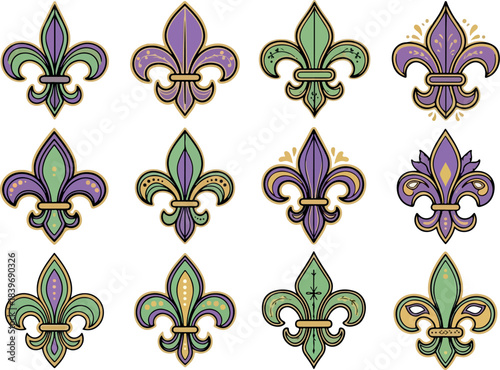 A collection of Fleur-de-lis in gold, green and purple colors with intricate details for Mardi Gras celebrations and designs