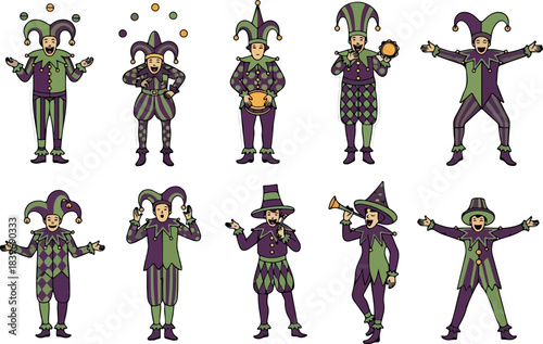 Colorful Harlequin Characters Celebrating with Joyful Festivity