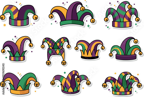 Colorful Collection of Mardi Gras Jester Hats Illustrations