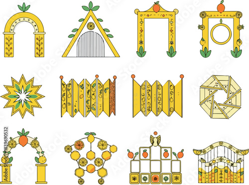 Collection of Decorative Archway Vector Illustrations with Citrus Fruit Accents