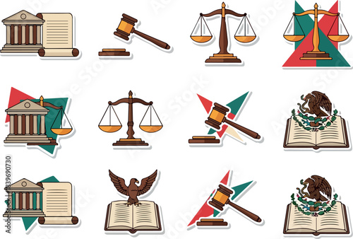 Legal Vectors Scales, Gavel, Eagle, and Law Book Icon Set with Flag Details