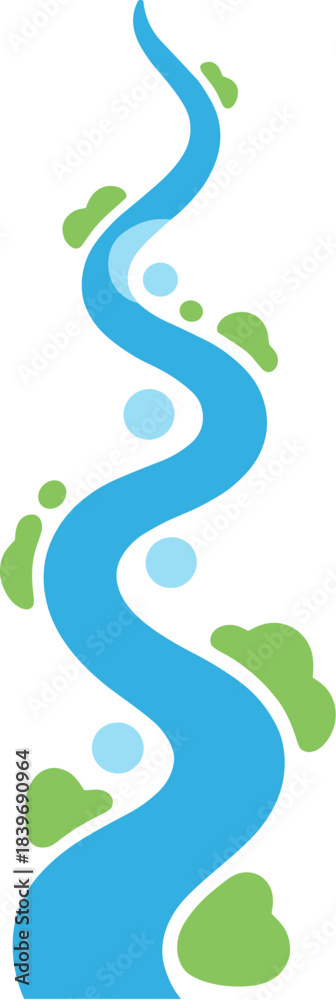 Obraz premium Stylized vector illustration of a winding blue river with green banks.