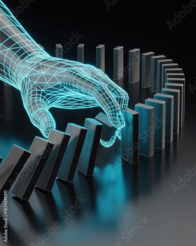 Futuristic digital wireframe hand stopping domino effect concept of risk control technology intervention and crisis prevention