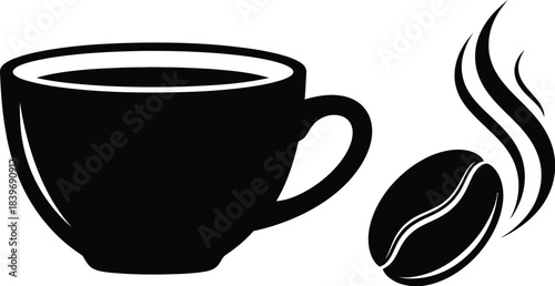 A simple black and white illustration of a coffee cup and bean