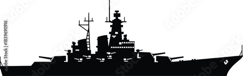 A striking silhouette of a large battleship against a plain white background