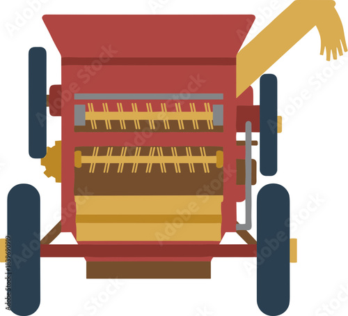 Flat vector illustration of a red agricultural thresher machine.