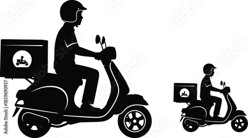 Delivery scooters in silhouette fast food and package transport on two wheels