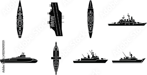 Silhouettes of various naval vessels including submarines and warships
