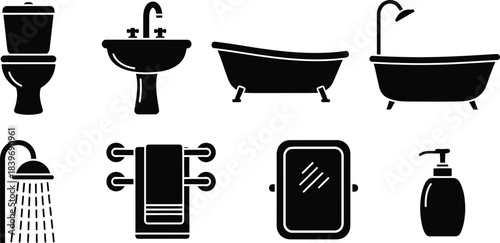 Black and white icons depicting bathroom fixtures and accessories