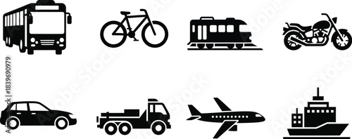 Black silhouette icons depicting various modes of transportation on a white background