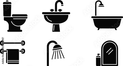 Black and white icons depicting bathroom fixtures like toilets sinks and tubs