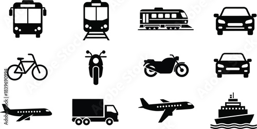 Collection of various transportation icons including vehicles bikes and aircraft