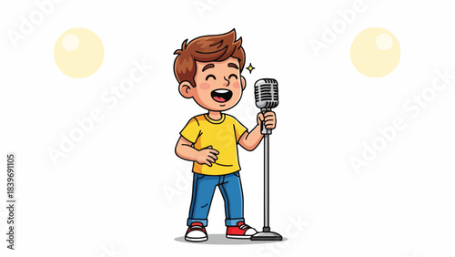 Happy cartoon boy singing into a vintage microphone with spotlights.