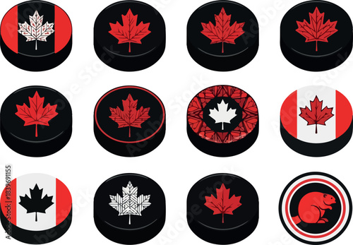 Collection of Canada Themed Ice Hockey Pucks with Maple Leaves
