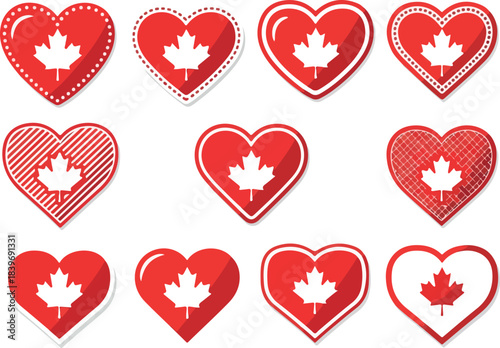 Collection of Red Heart Icons with White Maple Leaf Symbol for Canada