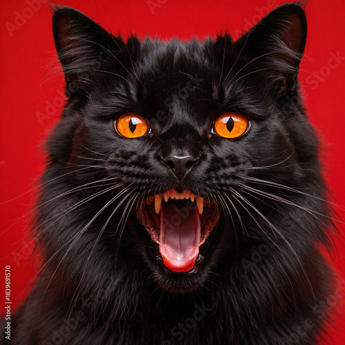 Yawning black cat with bright amber eyes on vibrant red background