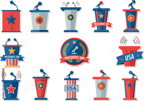 Collection of podiums with American flag elements for Presidents' Day